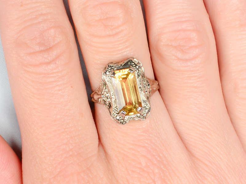 Peacock Themed Art Deco Citrine Ring