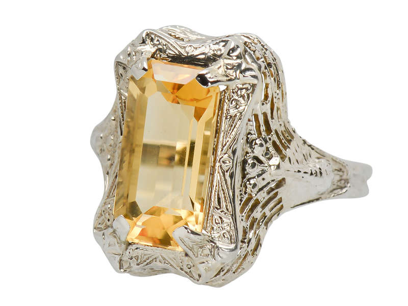 Peacock Themed Art Deco Citrine Ring