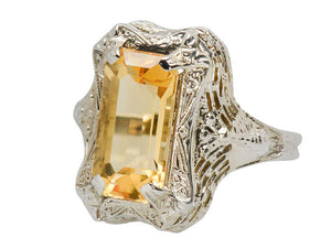 Peacock Themed Art Deco Citrine Ring