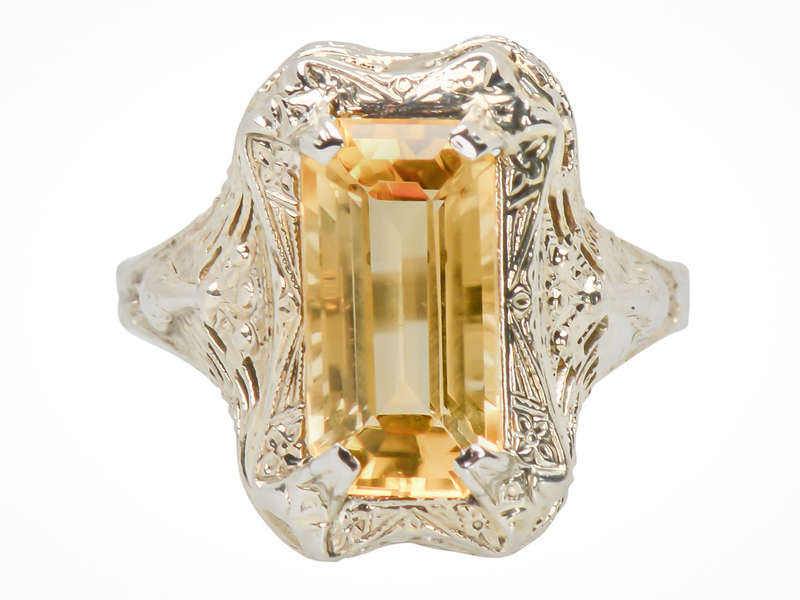 Peacock Themed Art Deco Citrine Ring