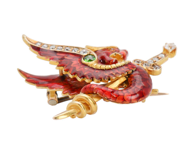Riker Signed Red Enamel Dragon Griffin Brooch