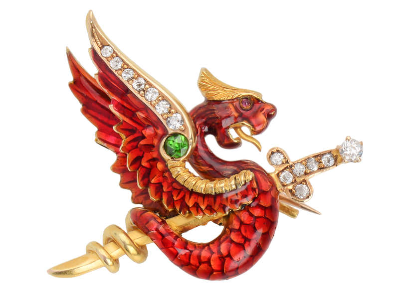 Riker Signed Red Enamel Dragon Griffin Brooch