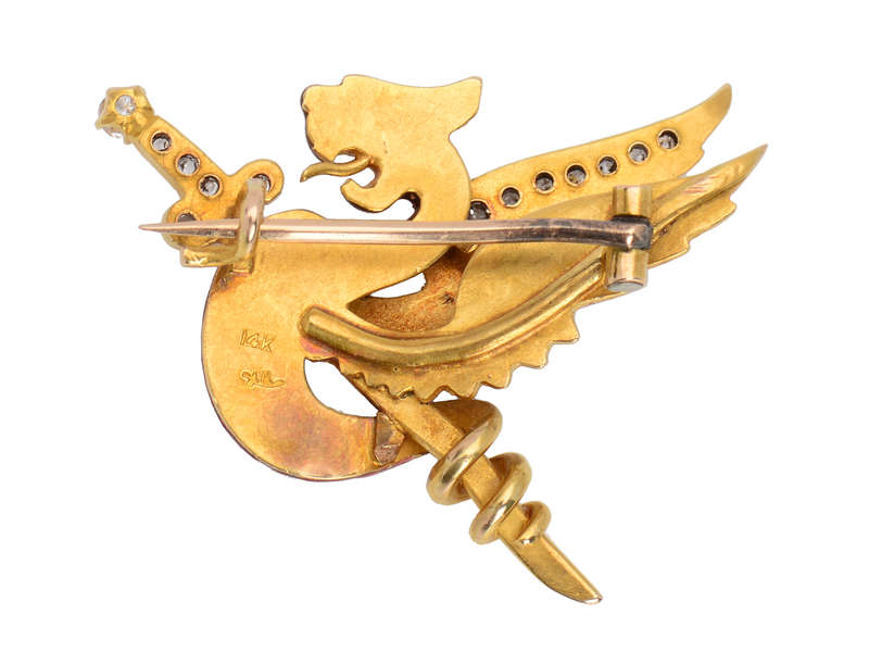 Riker Signed Red Enamel Dragon Griffin Brooch