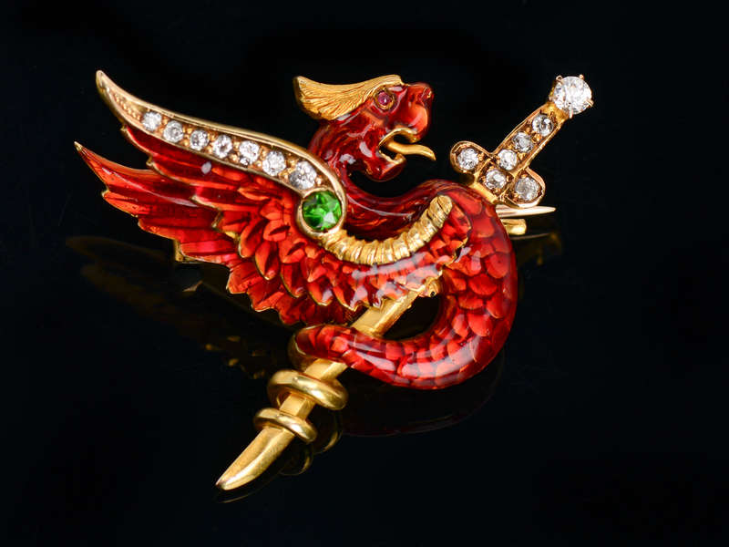 Riker Signed Red Enamel Dragon Griffin Brooch