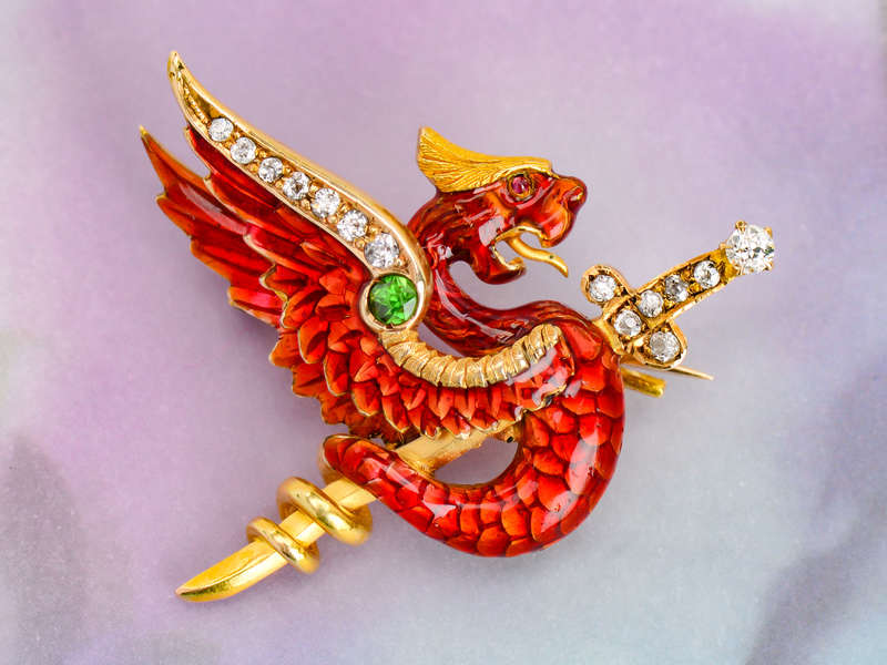 Riker Signed Red Enamel Dragon Griffin Brooch
