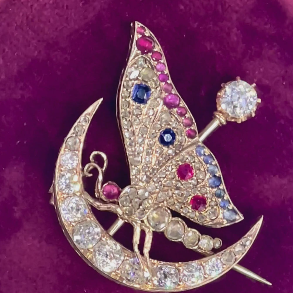
                      
                        Load and play video in Gallery viewer, Antique Moon &amp;amp; Star Butterfly Brooch
                      
                    