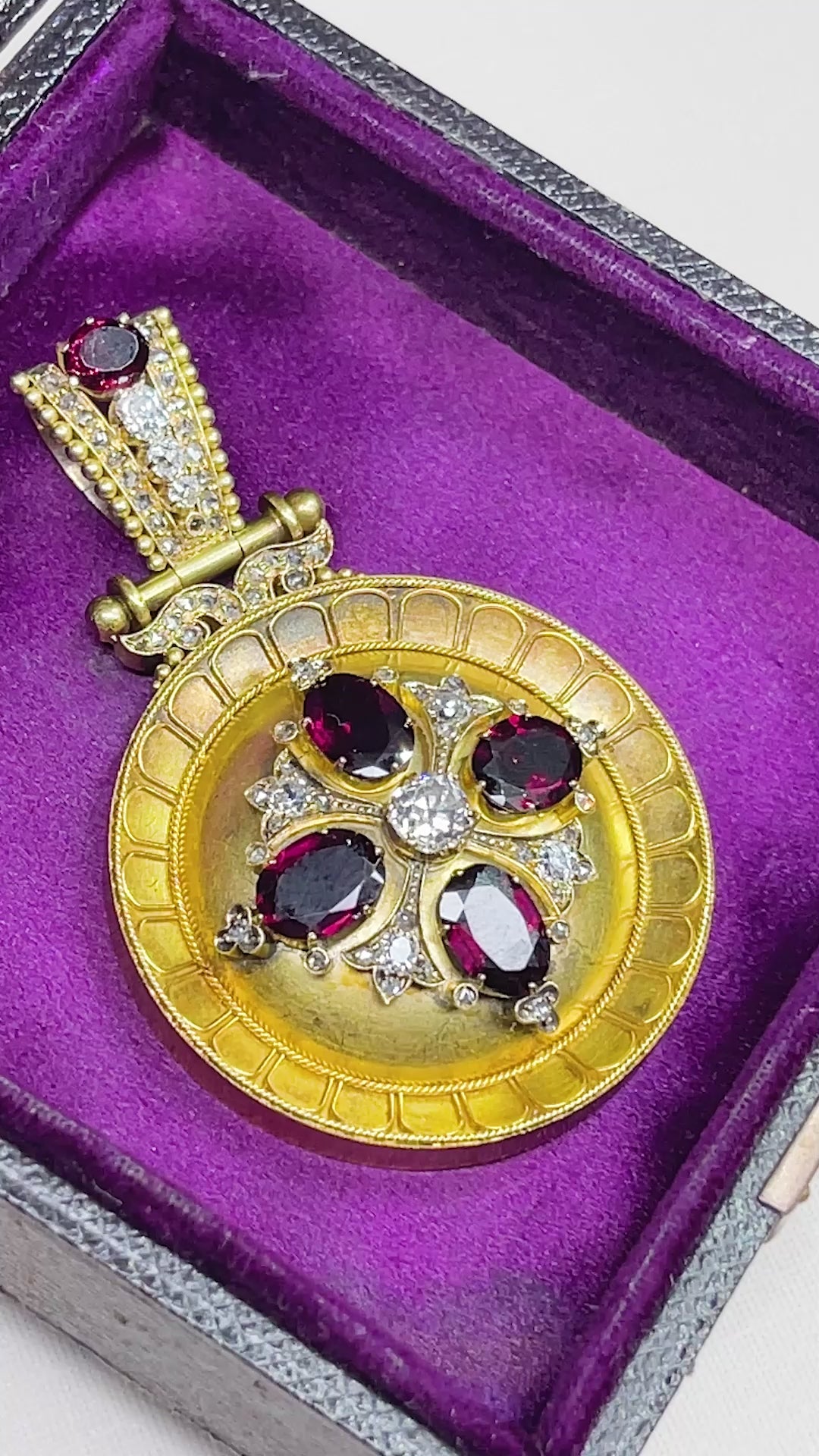 Opulent Victorian Garnet Diamond Etruscan Revival Pendant