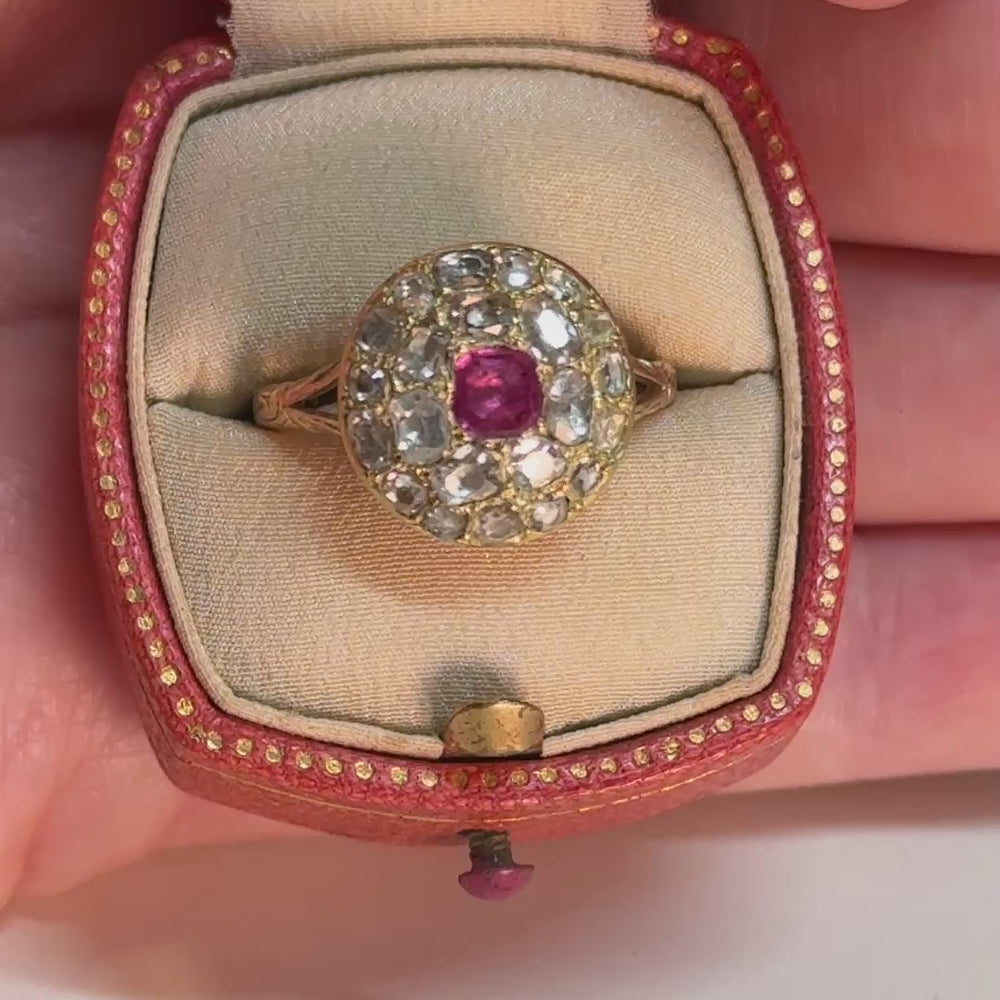 
                      
                        Load and play video in Gallery viewer, Antique Georgian Ruby and Diamond Cluster RIng
                      
                    