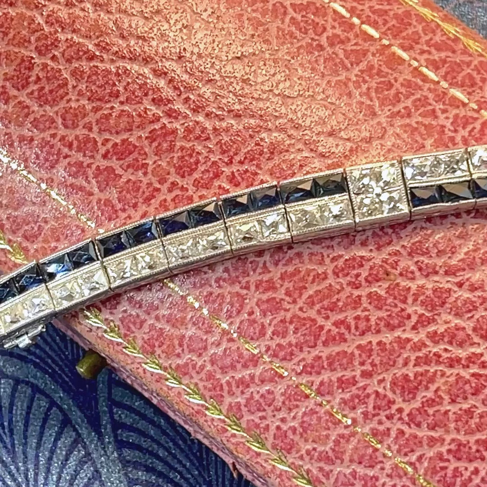 
                      
                        Load and play video in Gallery viewer, Art Deco French Cut Diamond &amp;amp; Sapphire Bracelet
                      
                    